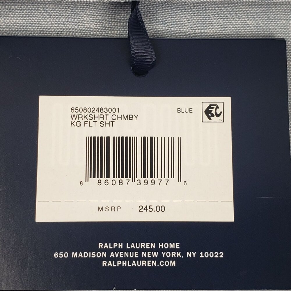Ralph Lauren Workshirt Chambray King Flat Sheet Blue Luxury Bedding, 114"x108" - Picture 3 of 16